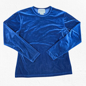 1990s Vintage Evan Picone Blue Ribbed Velvet Long Sleeve Y2K Glam Top Size Large